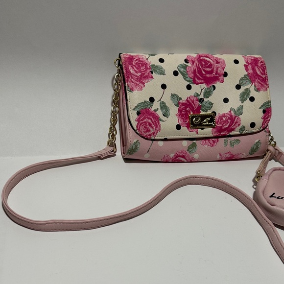 Luv Betsey by Betsey Johnson Rose Print Pink Crossbody Bag - Chain Strap & Pouch - Picture 6 of 8